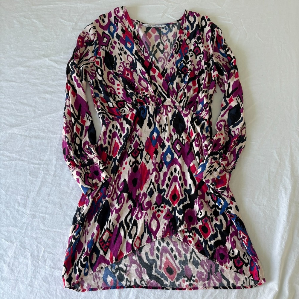 Zara Womens Multicolor Surplice Neck Geometric Print Hi Low Mini Dress Size M